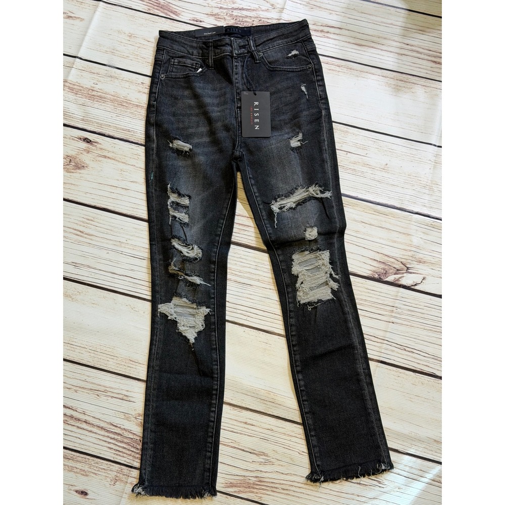 Risen Los Angeles High Rise Distressed Skinny Jeans Faded Black Raw Hem 26/3